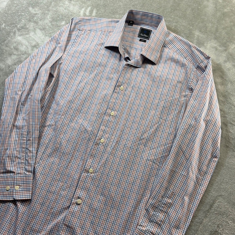 David Donahue Trim Fit Dress Shirt Mens 17 34/35 Multicolor Check
